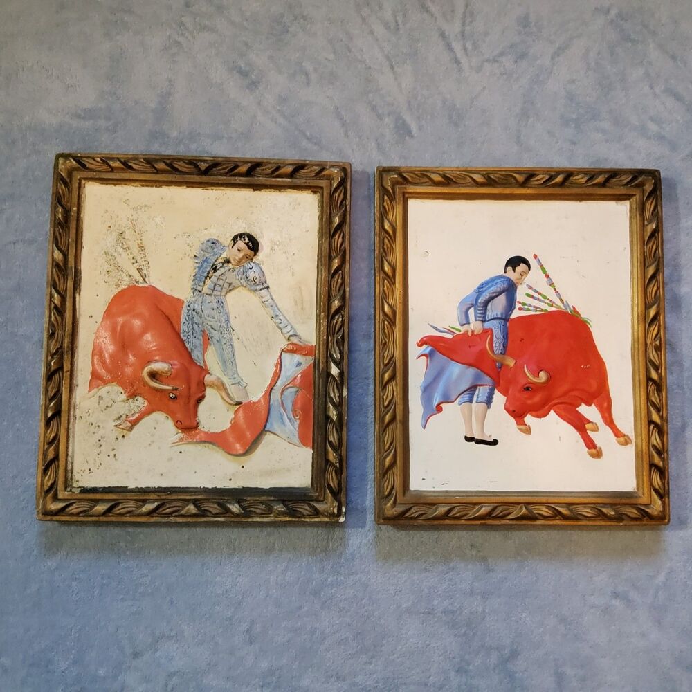 Vintage MCM 3D Chalkware Matador Bull Wall Plaque Set Wood 16x13 Spanish Revival
